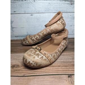 MICHAEL KORS JINNY 3 FLATS Ballet LOGO TAN CANVAS SIZE 1Y GIRLS.Worn 1X Dress Up